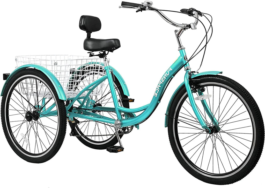 MOONCOOL Adult Tricycles with Rear Basket & Inflator, 24 26 inch 7 Speed 3 Wheel Bikes, Three-Wheeled Bicycles Adult Trike with Backrest for Seniors, Women, Men