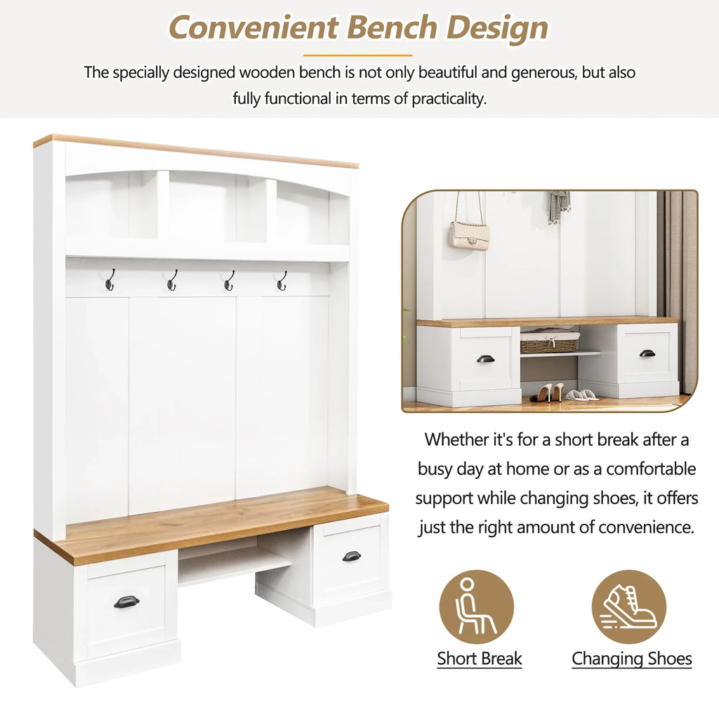 Harper & Bright Designs Farmhouse Hall Tree with Bench and Shoe Storage, Mudroom Bench with Coat Rack and Adjustable Shelves for Hallway, Living Room, White