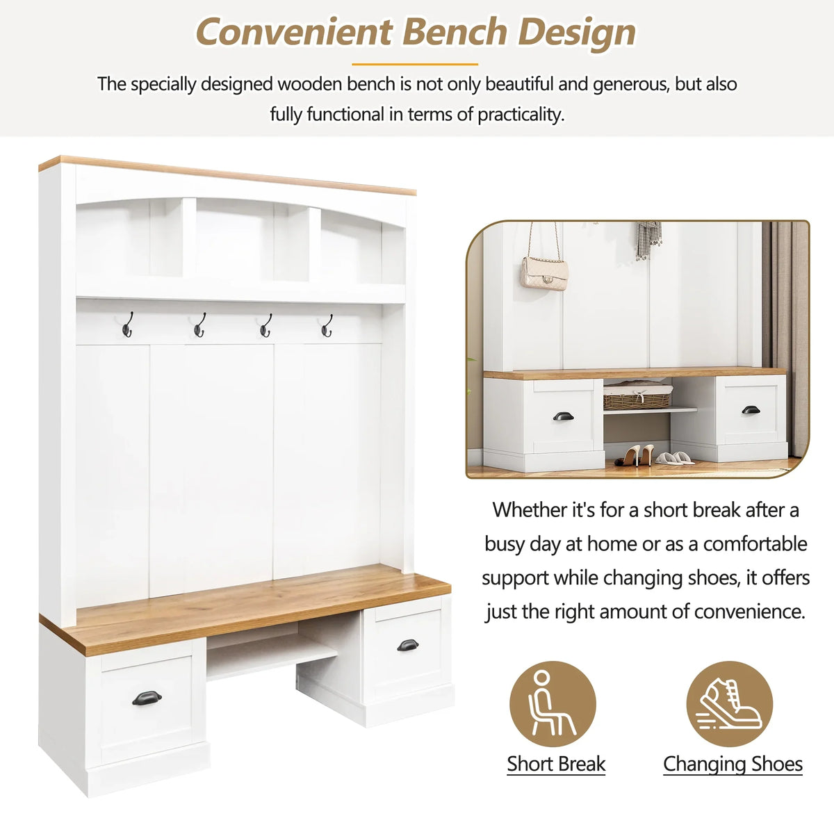 Harper & Bright Designs Farmhouse Hall Tree with Bench and Shoe Storage, Mudroom Bench with Coat Rack and Adjustable Shelves for Hallway, Living Room, White