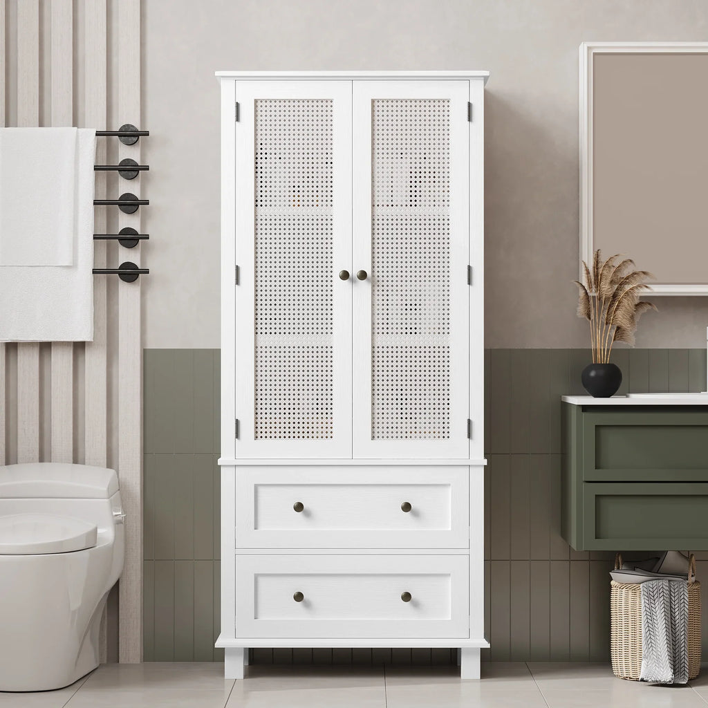 Homfa Bathroom Cabinet with Rattan Doors, Rattan Linen Storage Cabinet with 2 Drawers, Oak