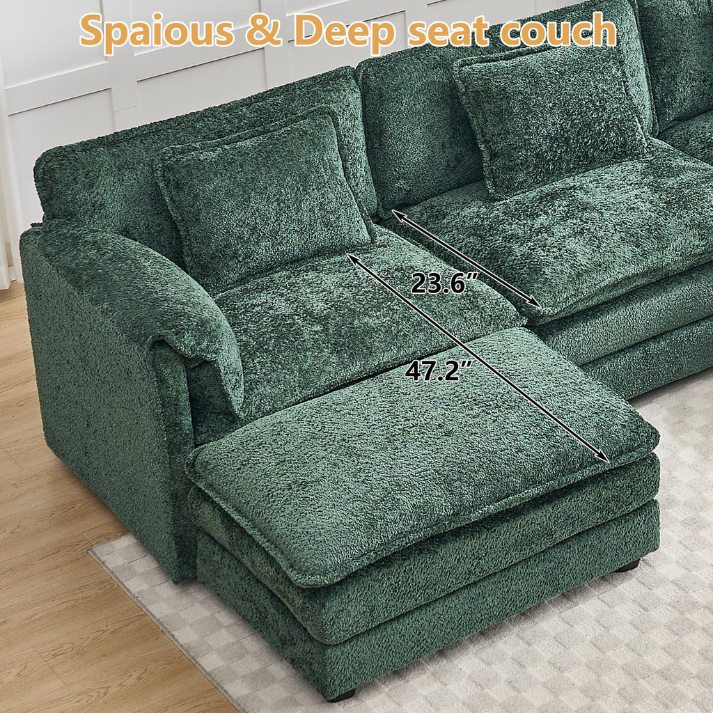GNIXUU 112" Oversized Sectional Sofa Cloud Couch for Living Room, Modern Chenille L Shaped Couch, Comfy Boucle Modular Sofa Sleeper with Moveable Ottoman & Memory Foam (Green)