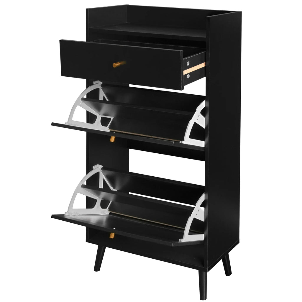 SESSLIFE Shoe Cabinet with 2 Flip Drawers & Drawer, Modern 18 Pair Shoe Rack Organizer, Wood Freestanding Shoe Organizer for Entrance, Black