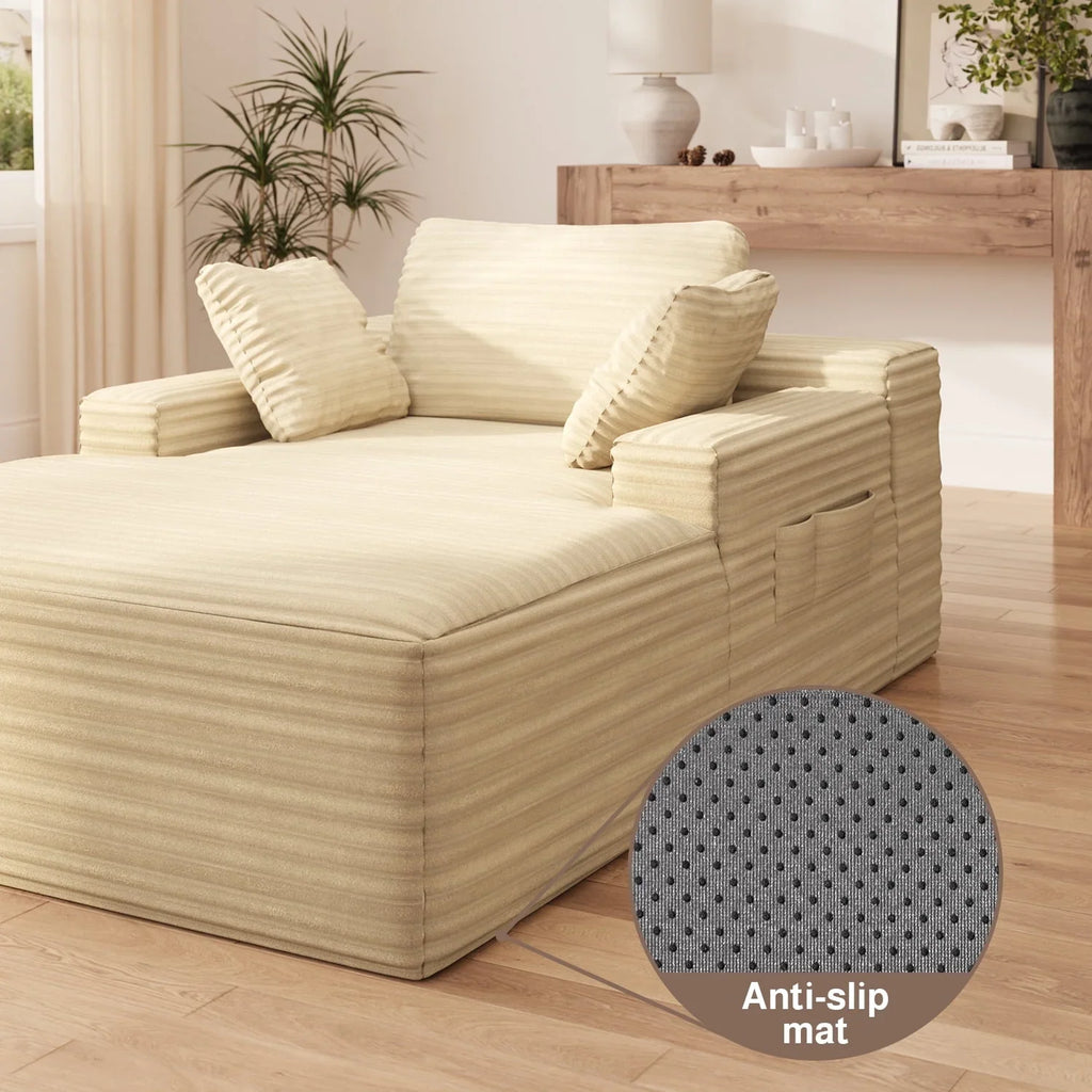 Lofka Oversized Chaise Lounge Indoor, 66"D Corduroy Upholstered Boneless Sofa Bed for Reading on Living Room & Bedroom, No Assembly Required (Beige)