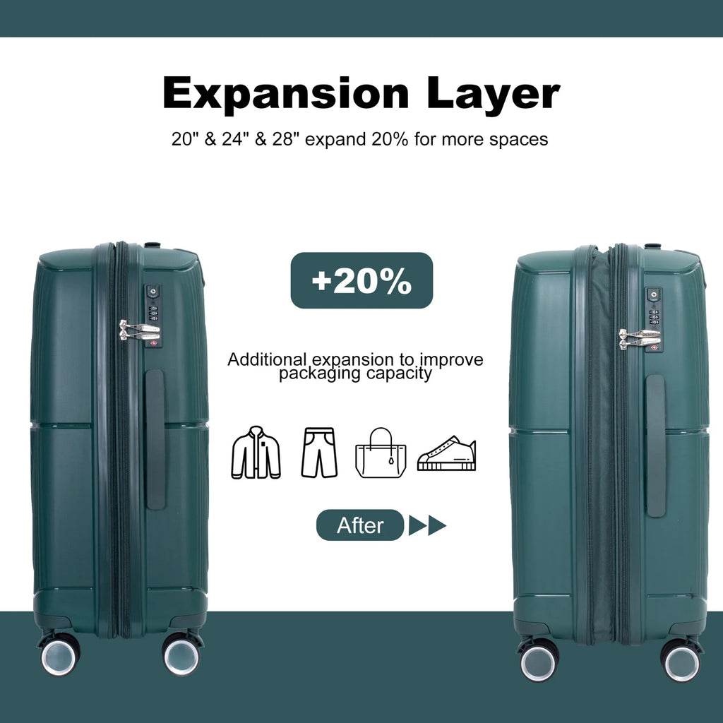 3 Pieces Luggage Set (20/24/28), Expandable PP Lightweight Hardshell Durable Suitcase with 4 Double 360 Degrees Mute Spinner Wheels and TSA Lock for Men Women, Black