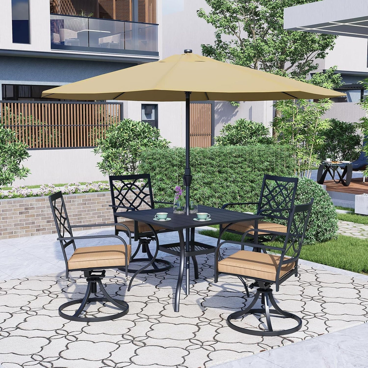 SUNCROWN 5-Piece Outdoor Wrought Iron Chairs and Table Patio Dining Furniture Set - 4 Stackable Metal Chairs, 1 Steel Slat Bistro Table and 1 Sky Blue 9Ft Patio Umbrella for Garden Backyard Deck