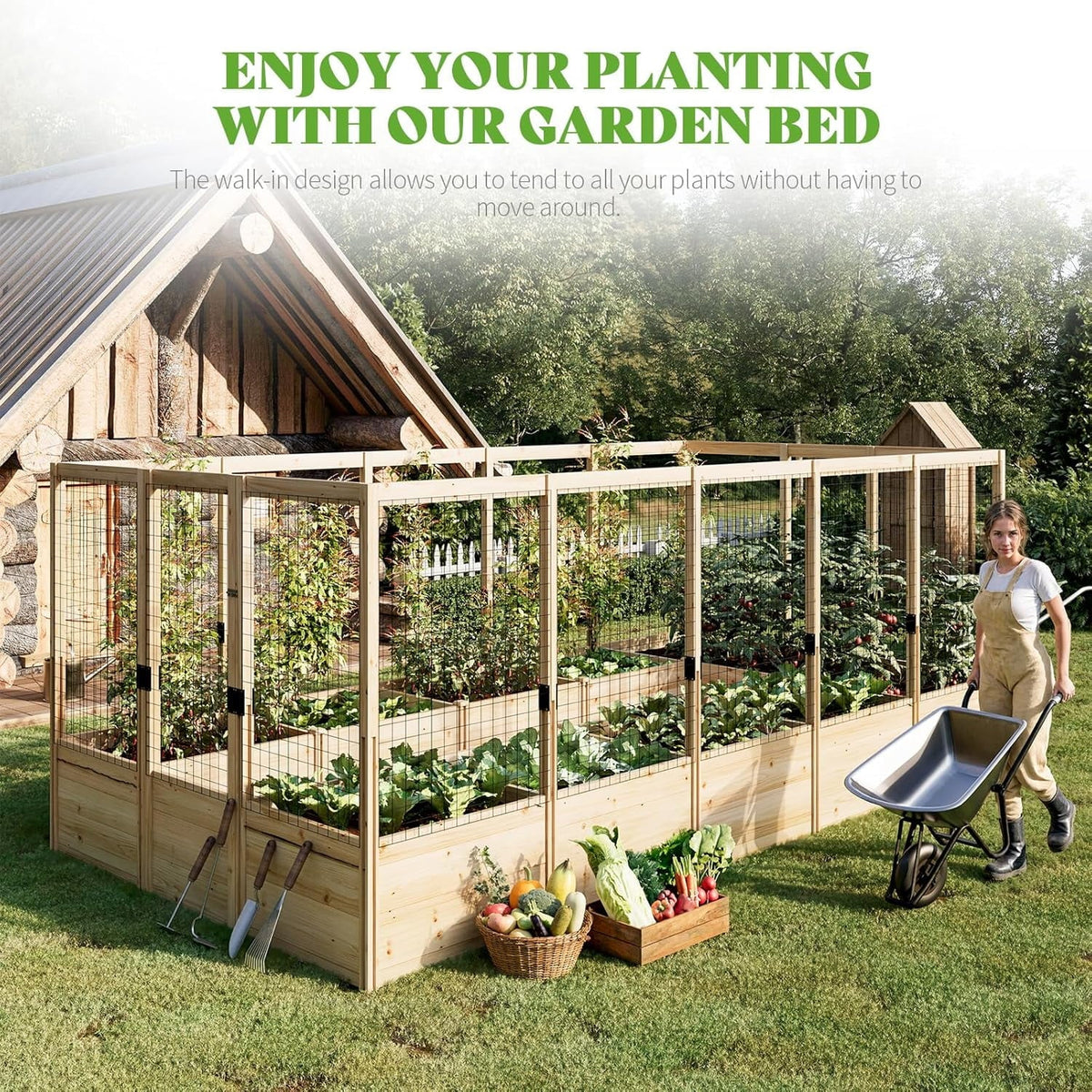 Jocisland Wooden Raised Garden Bed for Outdoor, Deep Large Planter Box with Netting for Gardening, Vegetables, Herbs"8"9"6 ft"