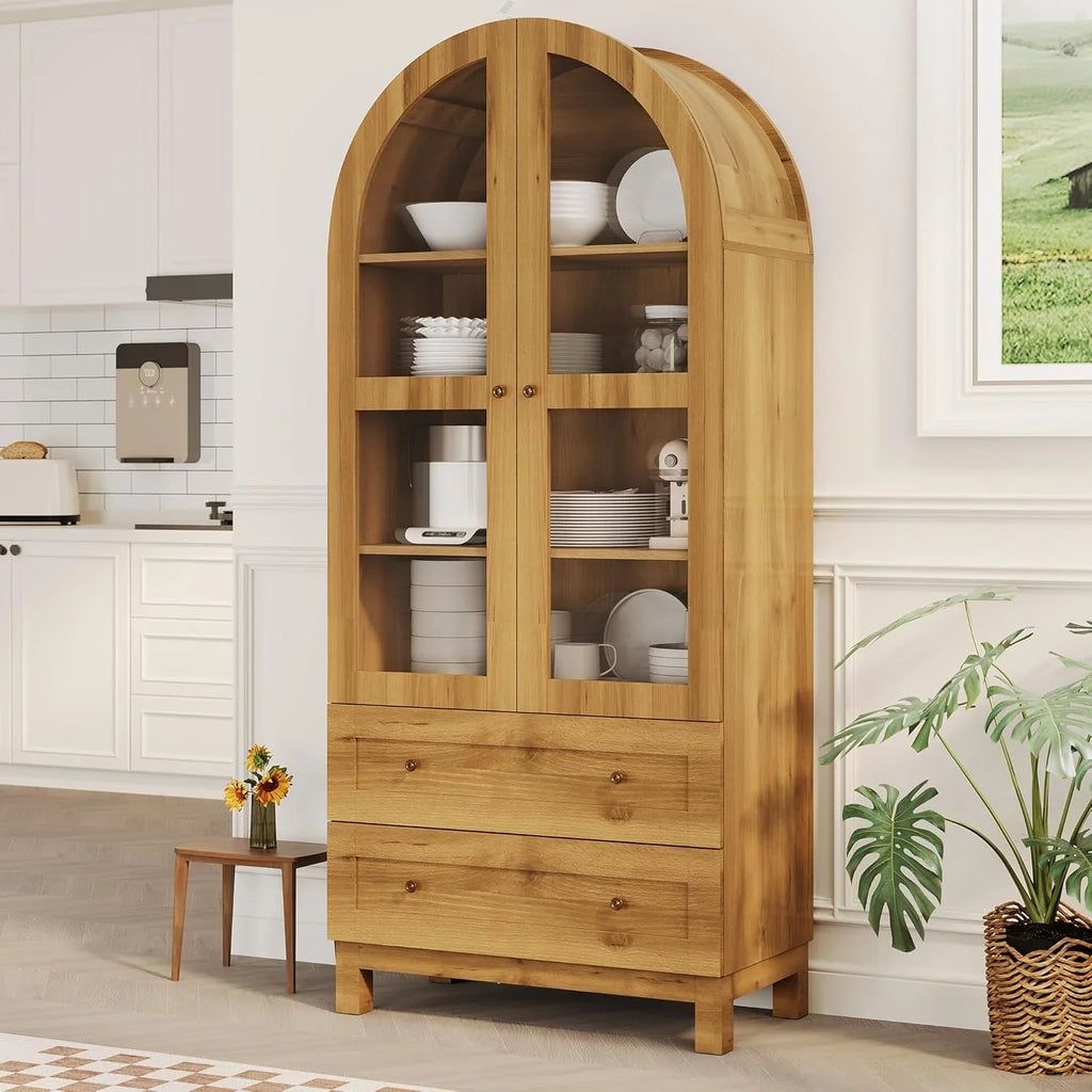 Garvee 71" Tall Arched Storage Cabinet with Acrylic Doors, Modern Wooden Pantry Cabinet with 2 Drawers & Adjustable Shelves, Versatile Kitchen Cupboard, Living Room Storage