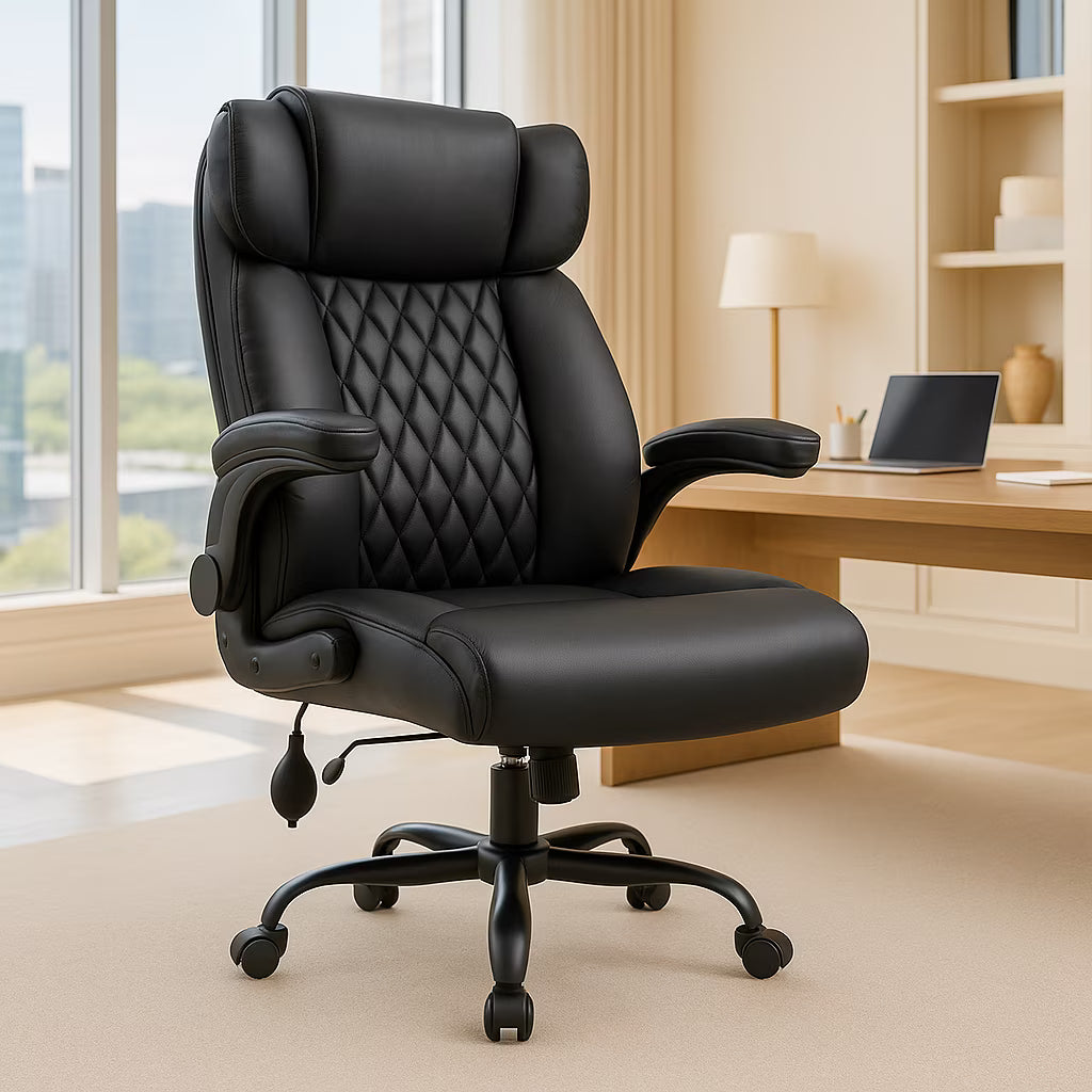 Ninecer 500lbs Big and Tall Office Chair with Inflatable Lumbar Support, Ergonomic Executive Desk Chair with Extra Wide Seat, Adjustable Height Computer Chair, Heavy Duty Leather Office Chair, Black