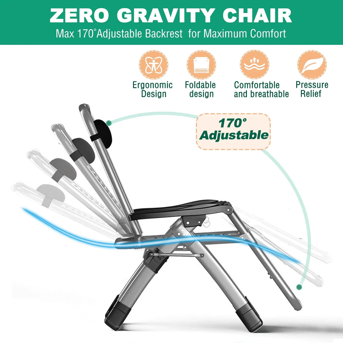 NAIZEA Zero Gravity Chair with Removable Cushion and Cup Holder Black