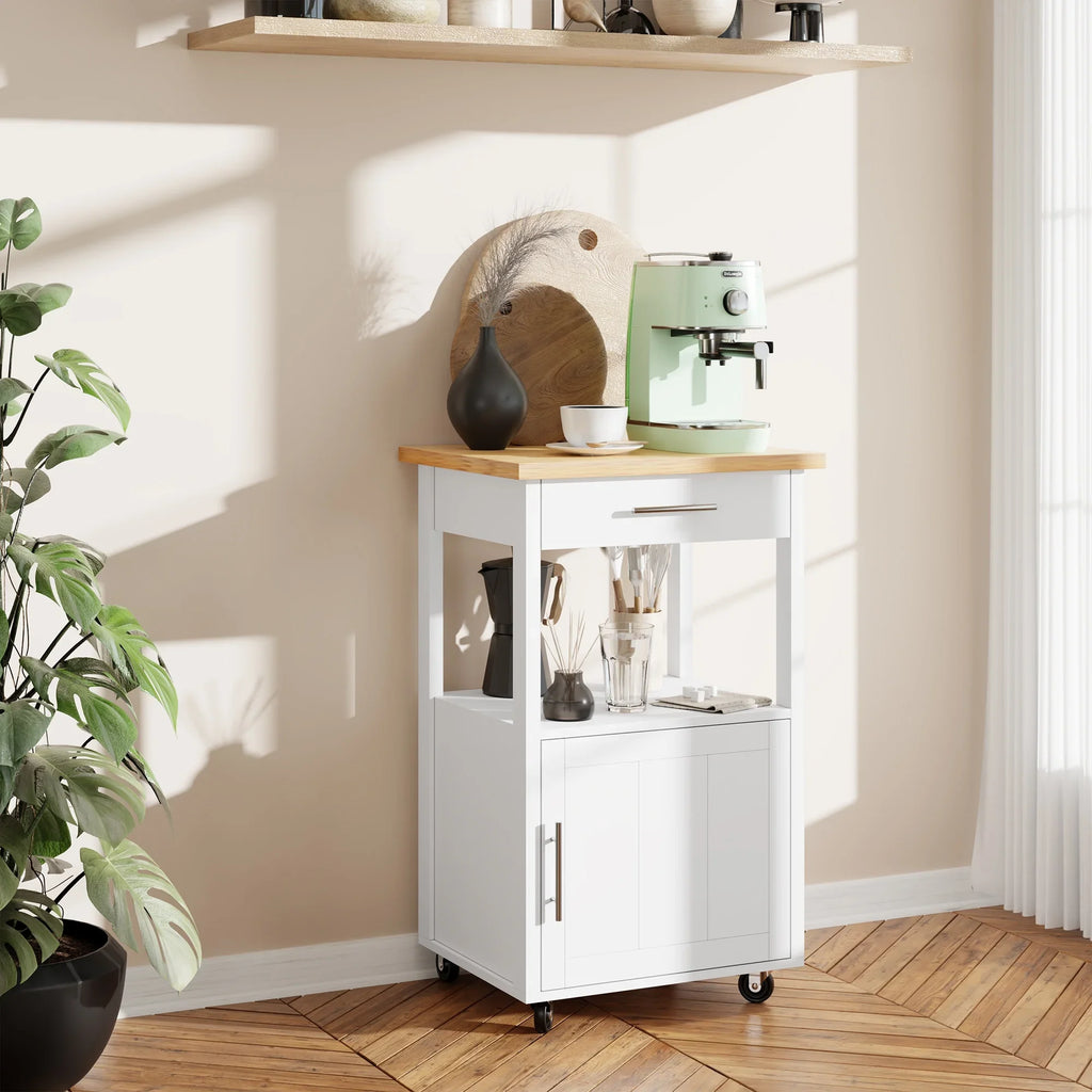 Walsunny Kitchen Island Table Stand with Storage on Wheels,Rolling Kitchen Cart Storage Cabinet with Drawer,White