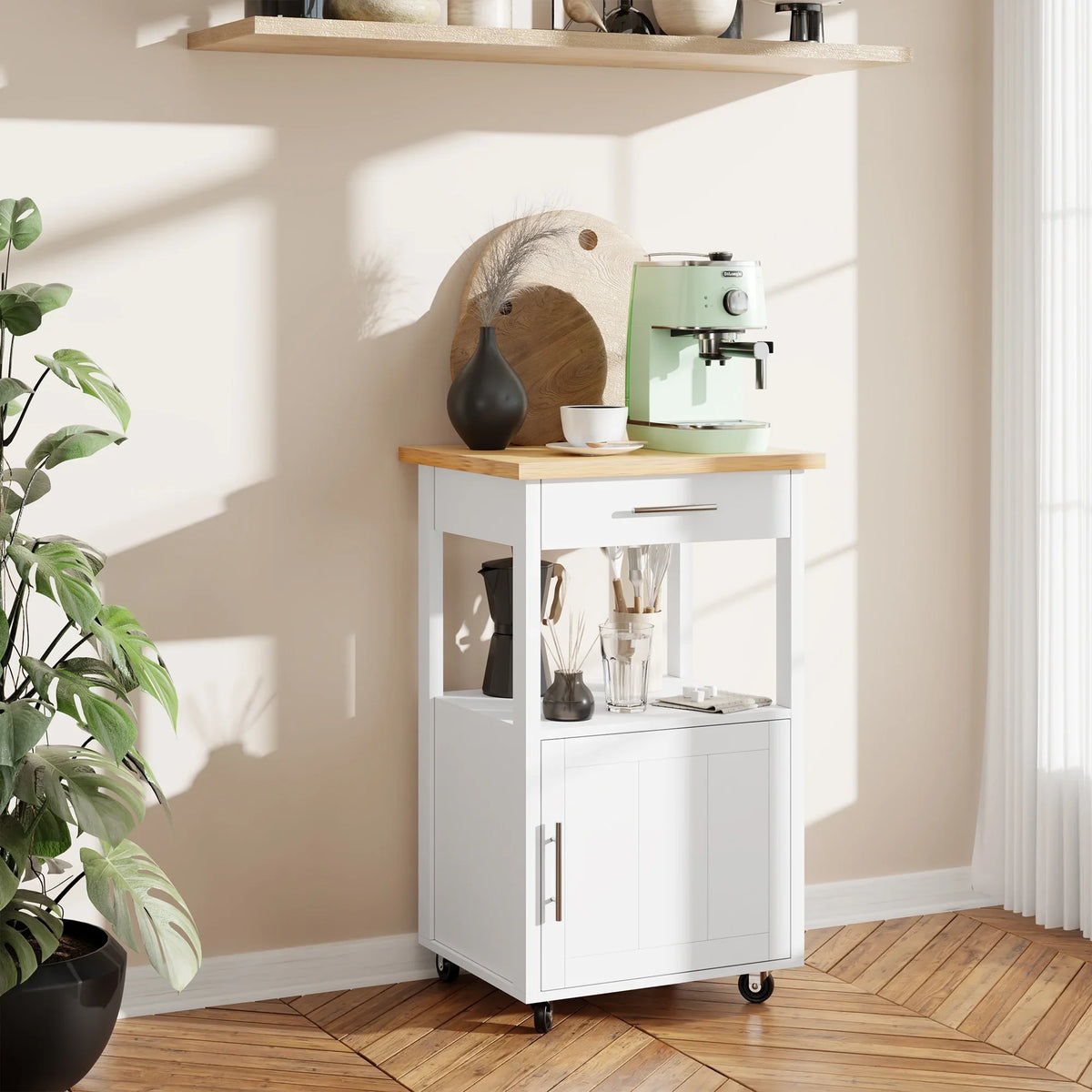 Walsunny Kitchen Island Table Stand with Storage on Wheels,Rolling Kitchen Cart Storage Cabinet with Drawer,White