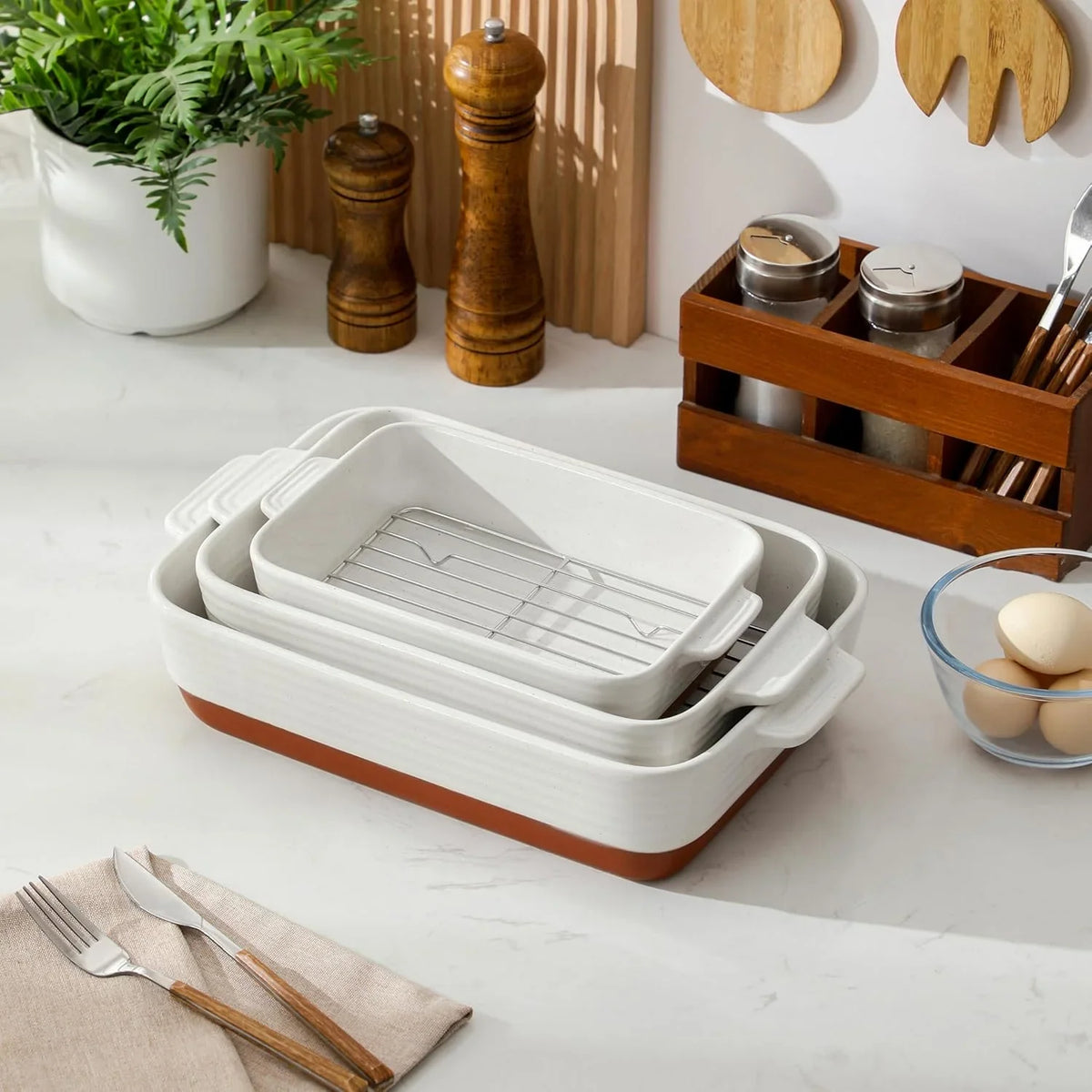 Casserole Dishes for Oven with Roasting Racks, Ceramic Baking Dishes Set of 3, Baking Pan Casserole Dish Set, Rectangular Lasagna Pan Deep with Handles for Baking, Khaki White (14.5''/13''/10.5''),