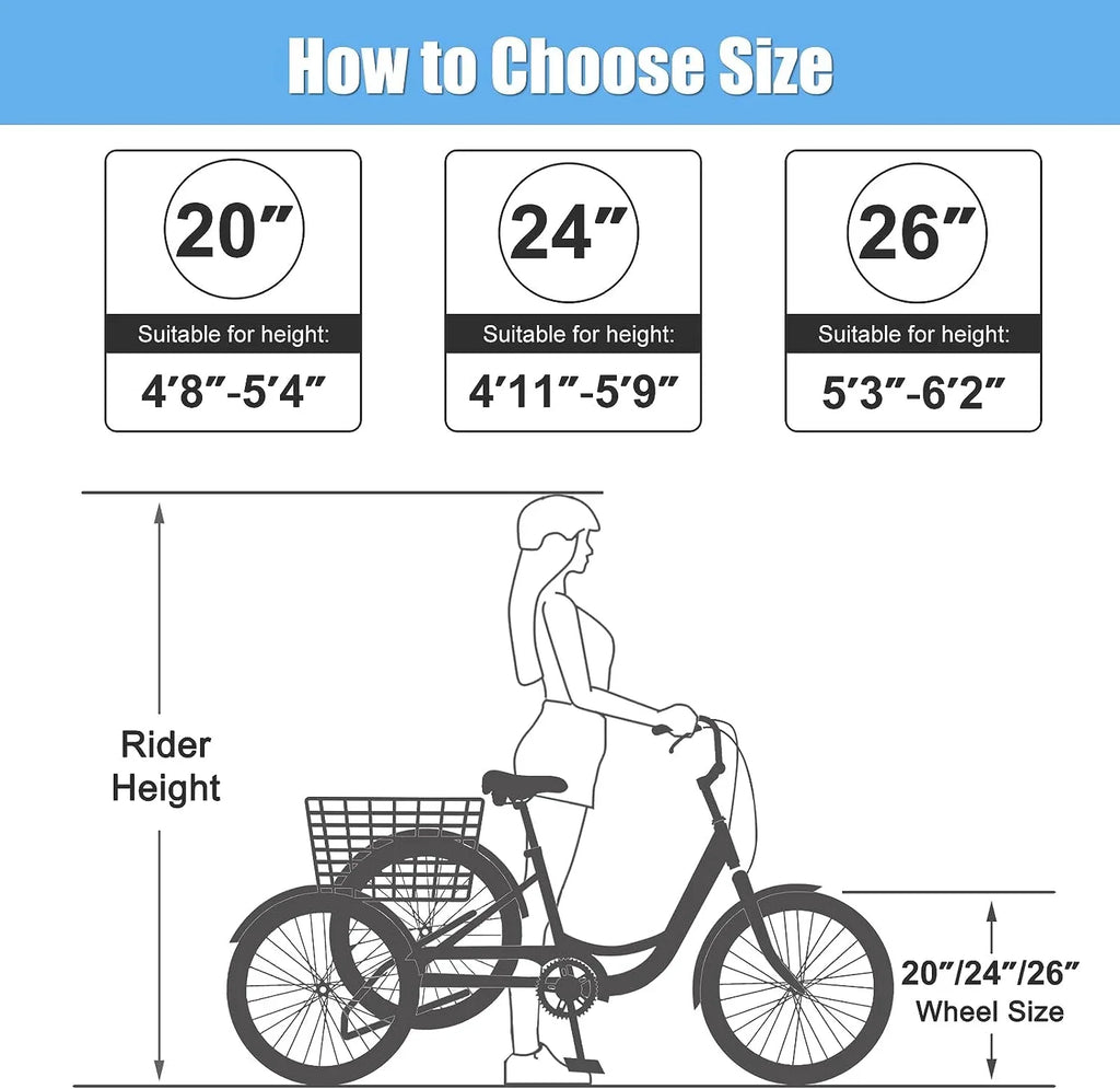 MOONCOOL Adult Tricycles with Rear Basket & Inflator, 24 26 inch 7 Speed 3 Wheel Bikes, Three-Wheeled Bicycles Adult Trike with Backrest for Seniors, Women, Men