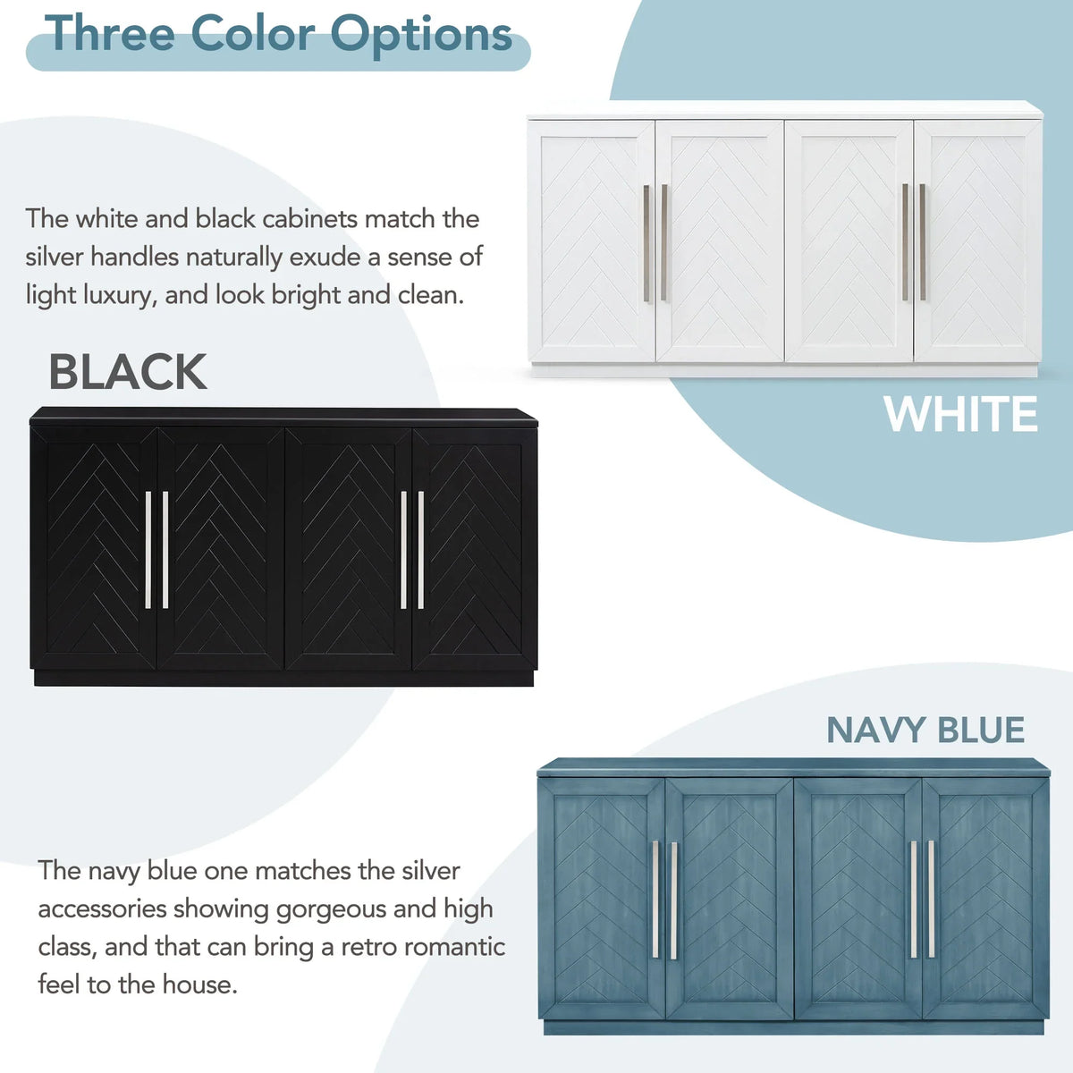 4-Door Buffet Sideboard, Modern Large Storage Cabinet Furniture with Adjustable Shelves&Silver Handles, Accent Cabinet Table, Console Table Cabinet for Kitchen Living Room Entryway Hallway, Navy Blue