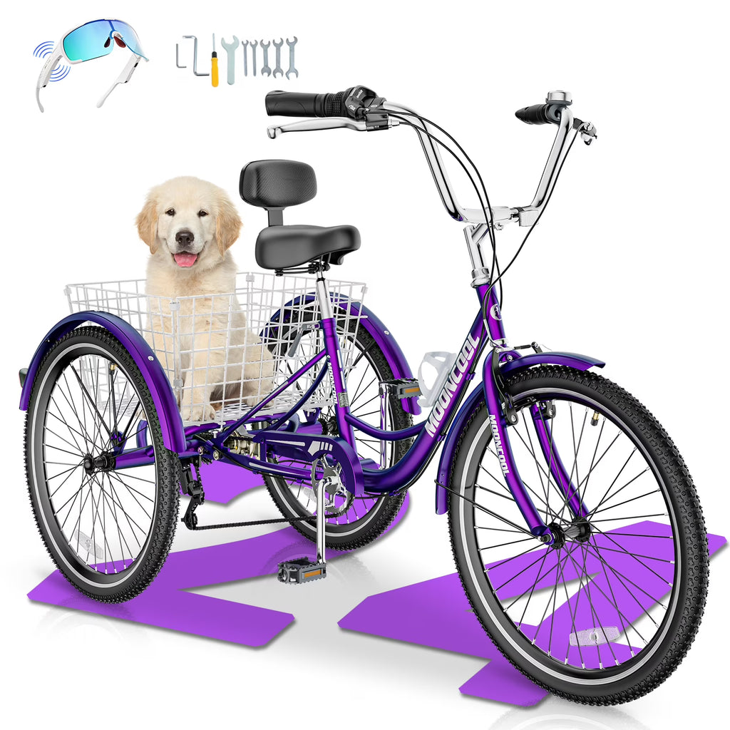 MOONCOOL Adult Tricycles with Rear Basket & Inflator, 24 26 inch 7 Speed 3 Wheel Bikes, Three-Wheeled Bicycles Adult Trike with Backrest for Seniors, Women, Men