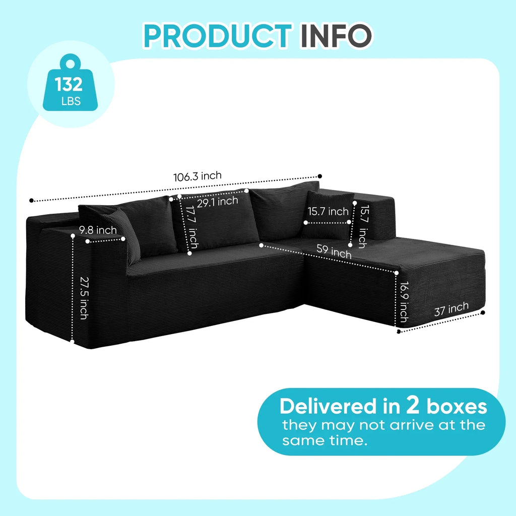 ZAFLY 106" Cloud Sectional Couch with Chaise, No Assembly Required L Shaped Sleeper Sofa, Oversized Deep Seat Modular Couches and Sofas for Living Room - Right, Black