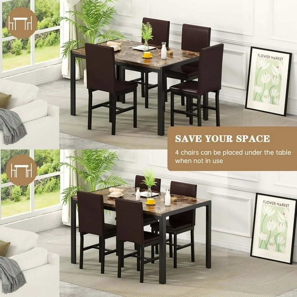 AWQM Dining Table Set of 4, Faux Marble 5 Piece Dining Room Table Set with PU Leather Chairs, Rectangular Kitchen Table Set for Apartment, Dining, White