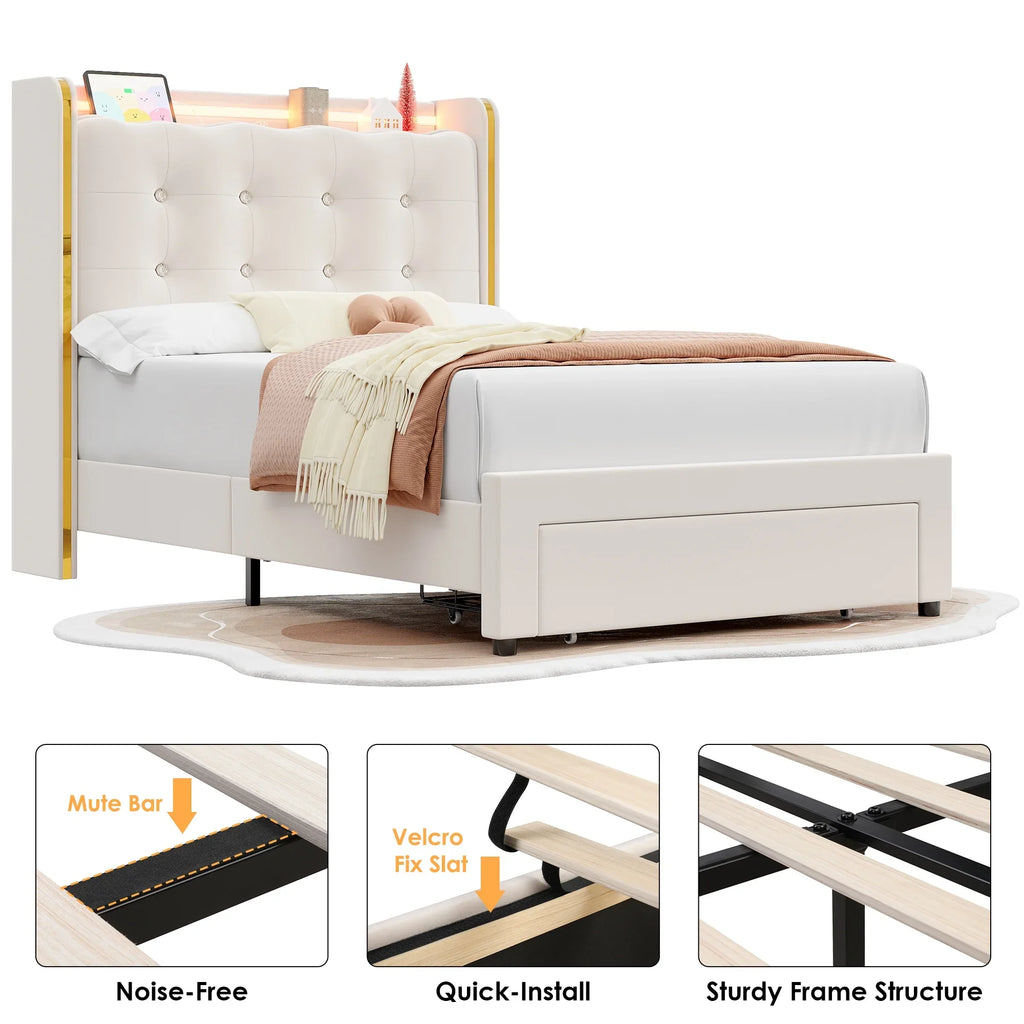 Homfa Twin Size LED Bed Frame with Drawer, Velvet Crystal Button Upholstered Platform Bed Frame with Outlets and USB Ports & Display Platform, No Box Spring Needed, Pink