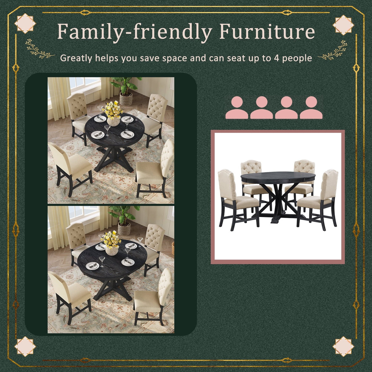 Harper & Bright Designs Round Extendable Dining Table Set for 4, 5 Piece Farmhouse Wood Dining Table Set with 4 Upholstered Dining Chairs, Natural Wood Wash