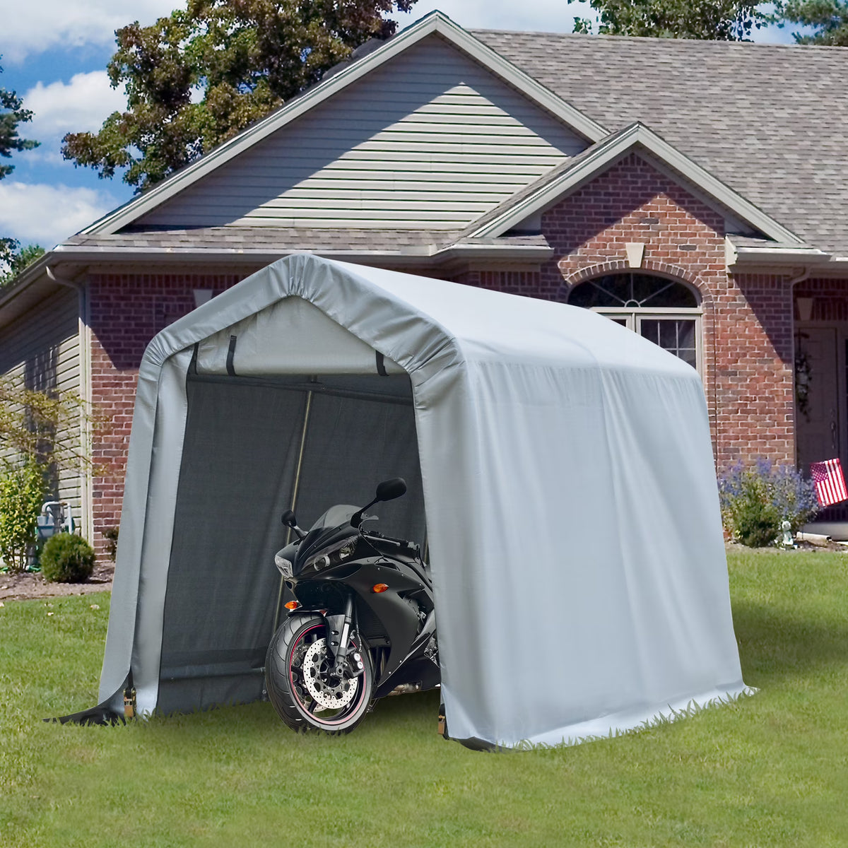 Outsunny 6'x8' Outdoor Storage Shelter with Rollup & Zipper Door, Heavy Duty Carport Shed for Motorcycle Garden Storage, Grey