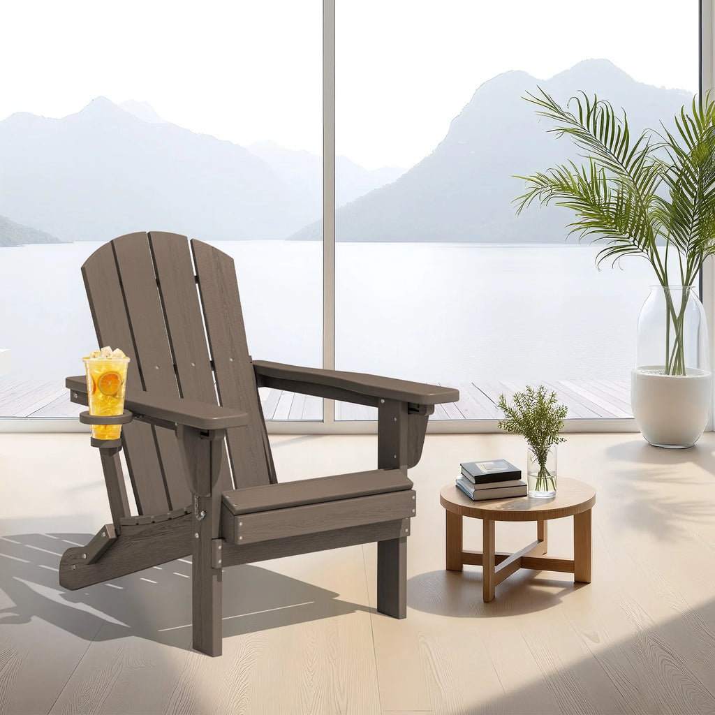 SERWALL Outdoor Adjustable Folding HDPE Adirondack Chairs Set of 2 with Cup Holder, Gray