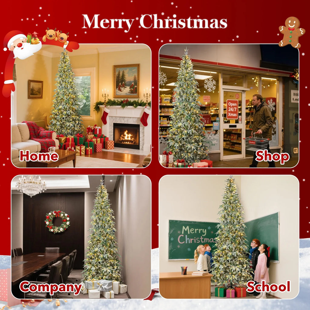 Qunler 9ft Snow Flocked Christmas Tree with 2028 Tips, Artificial Snowy Xmas Pine Tree with Reinforced Metal Base for Home Office Party Holiday Decorations,White(NO Light)