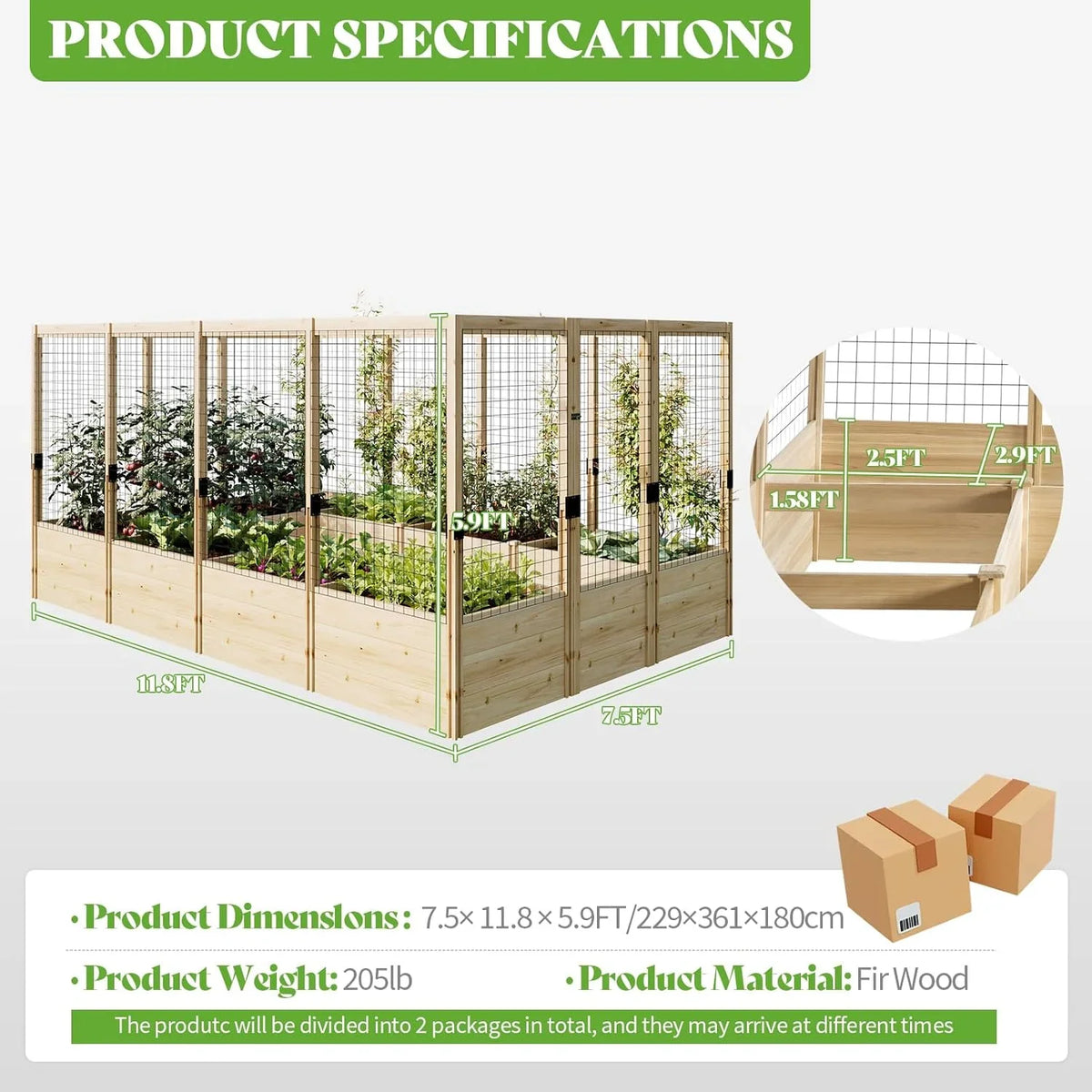 Jocisland Wooden Raised Garden Bed for Outdoor, Deep Large Planter Box with Netting for Gardening, Vegetables, Herbs"8"9"6 ft"
