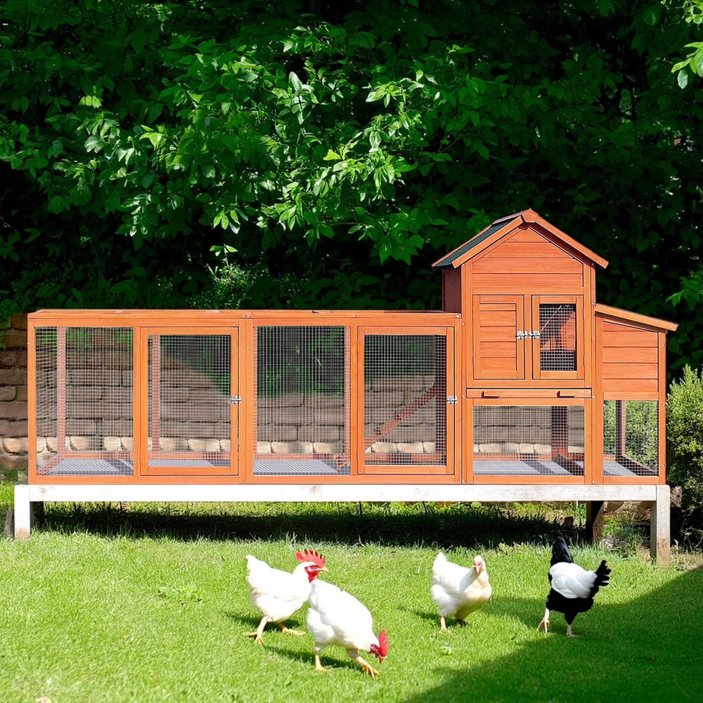 Pefilos 112" Large Outdoor Wooden Chicken Coop with Run, Slide-Out Tray, Rabbit Hutch Poultry Cage, Hen House with Nest Box, Gray