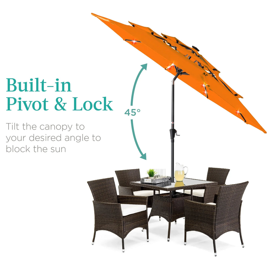 Best Choice Products 10ft 3-Tier Solar Patio Umbrella w/ 24 LED Lights, Tilt Adjustment, Easy Crank - Tan