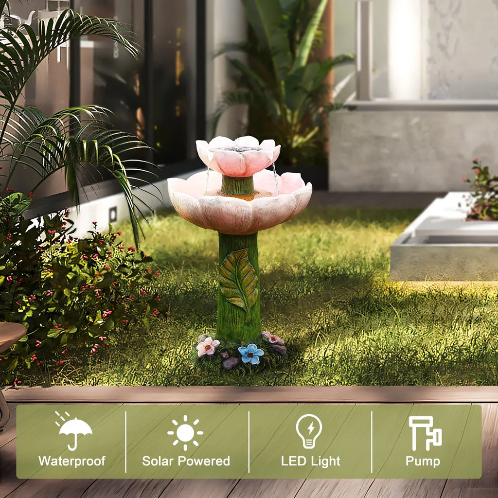 LuxenHome Solar Powered Pink Flower 2-Tier Resin Birdbath Fountain with Lights
