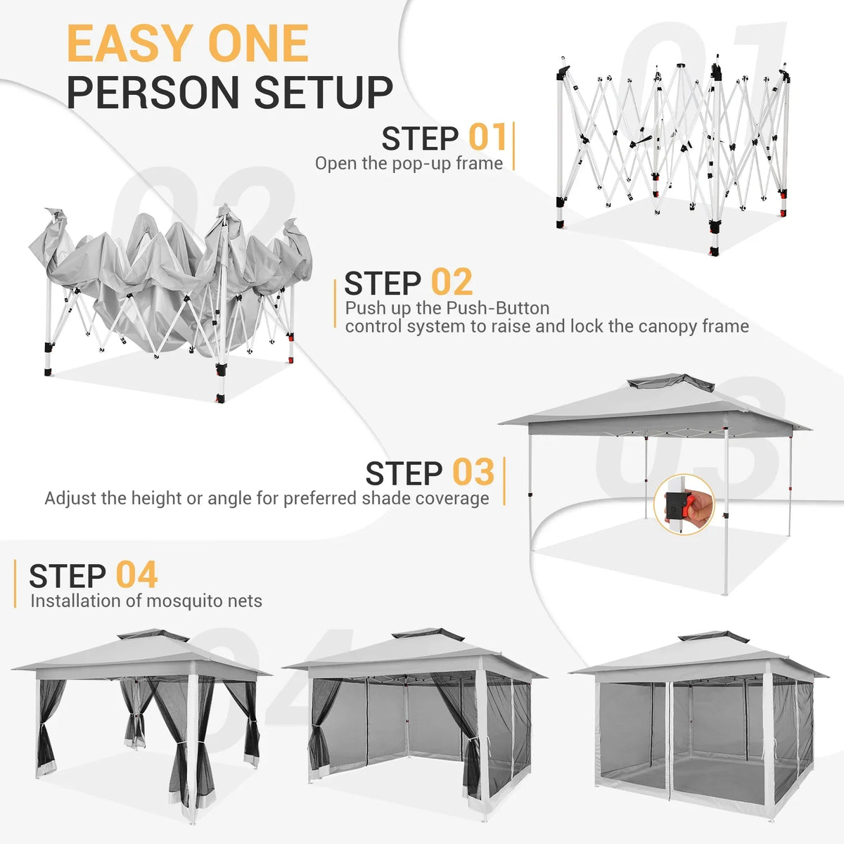 HOTEEL 12x12 Outdoor Pop-up Gazebo Canopy with Mosquito Netting 2-Tiered Vented Top 3 Adjustable Height for Backyard, Garden, Lawn,Light Grey