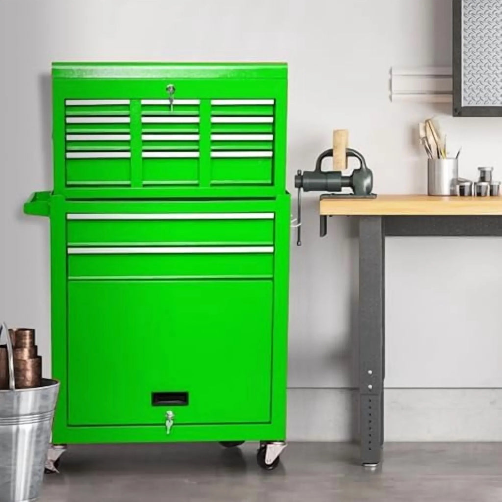 8-Drawer Rolling Tool Chest with Detachable Top Tool Box, Lockable Metal Tool Cabinet, and Liner, Heavy-Duty Storage Organizer with Wheels and 6 Hooks for Garage, Workshop, Green