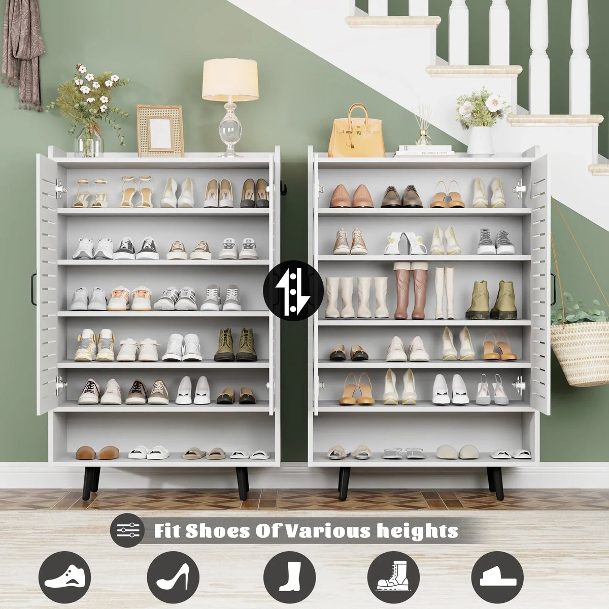Shoe Cabinet with Doors,7-Tier Modern Shoe Storage Cabinet with Adjustable Shelves,50" Large Wooden Shoe Cabinet Storage for Entryway Front Door Hallway Living Room,White
