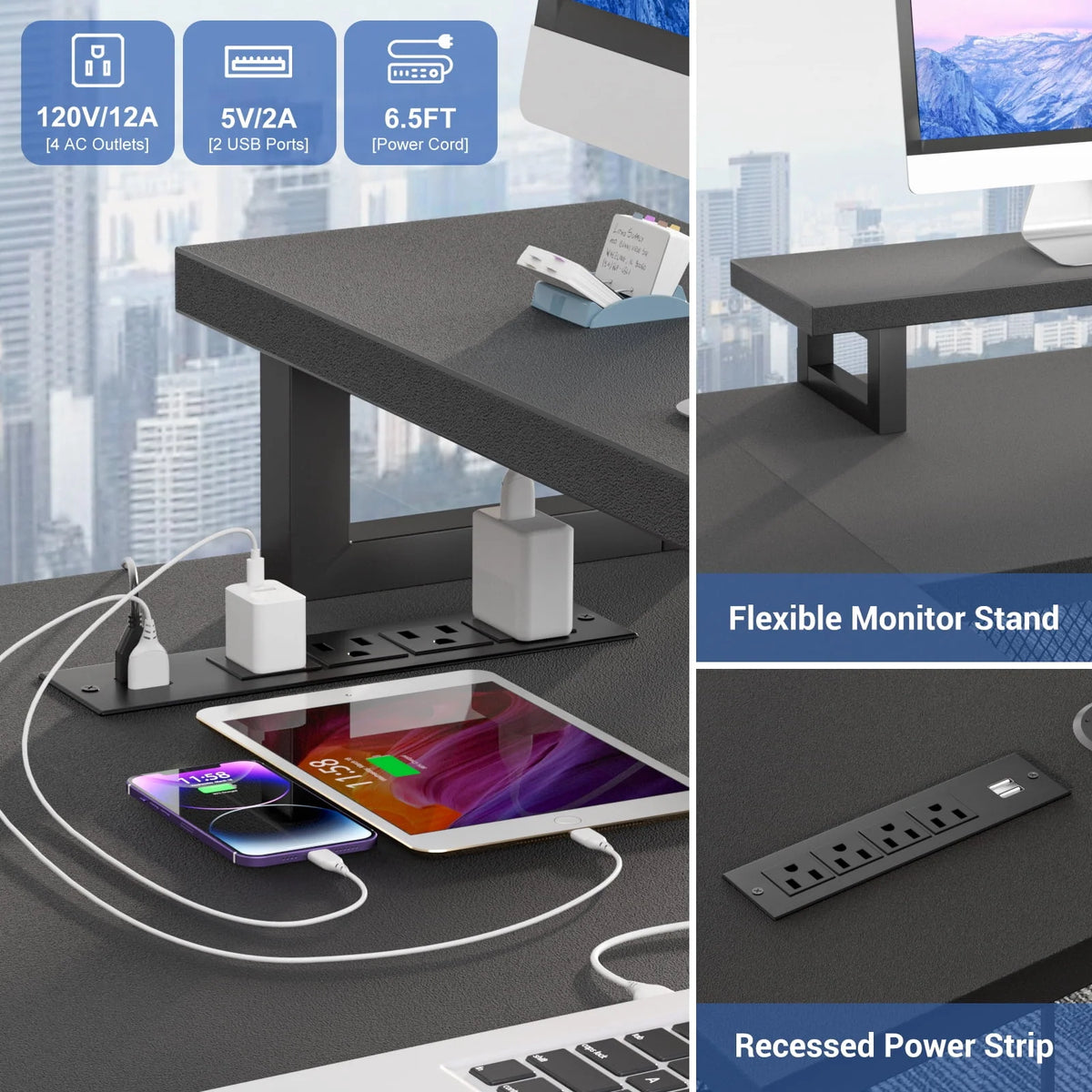 Homieasy U Shaped Desk with Power Outlet and LED Strips, 129.9'' Ergonomic L-Shaped Gaming Desk with Monitor Stand, Reversible Corner Computer Desk with Storage Shelf for Home Office, White Oak