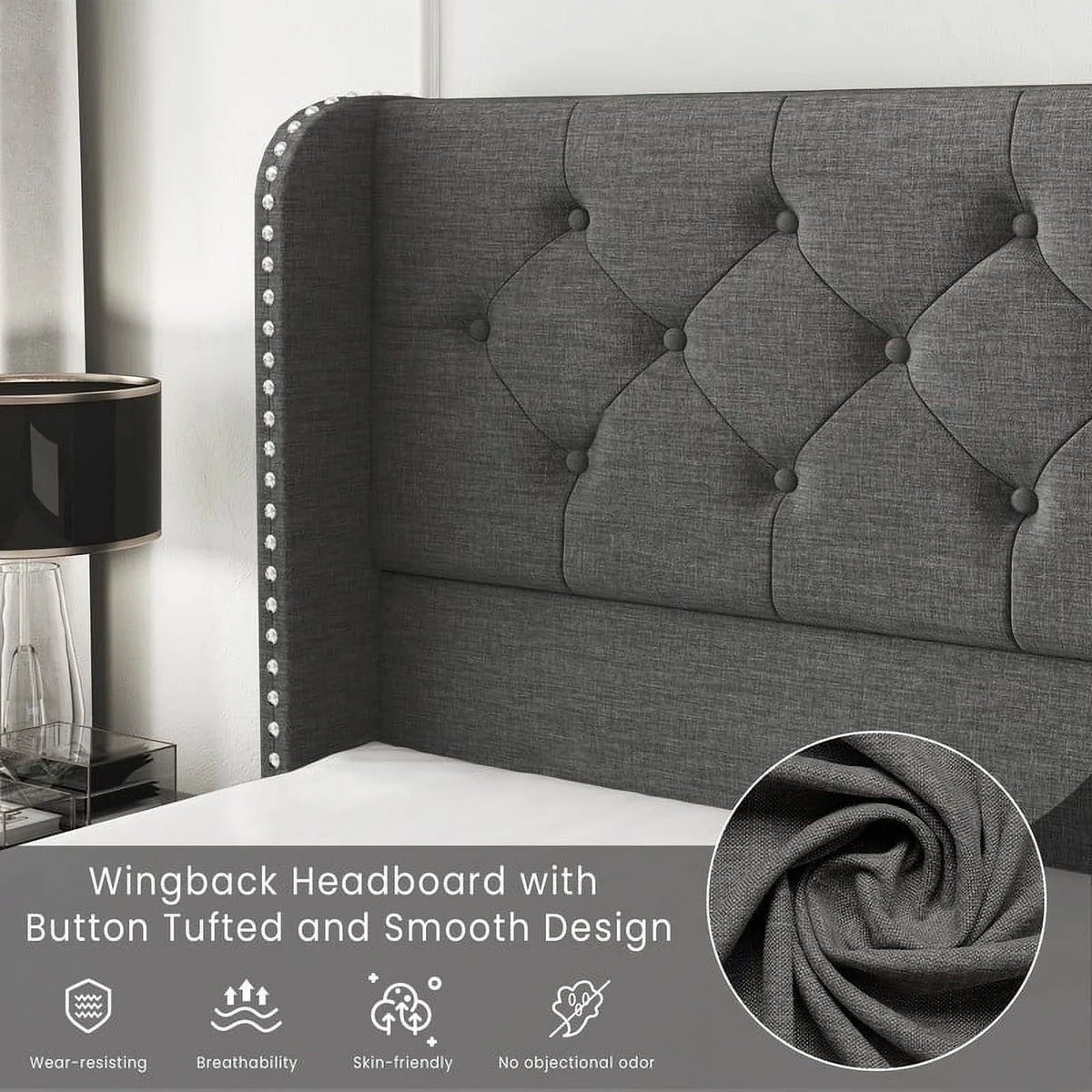 LARMACE Queen Size Platform Bed Frame with 4 Storage Drawers and Tufted Headboard Linen Upholstered Bed Wingback Bed Frame with Wooden Slats Support, Easy Assembly, Light Grey