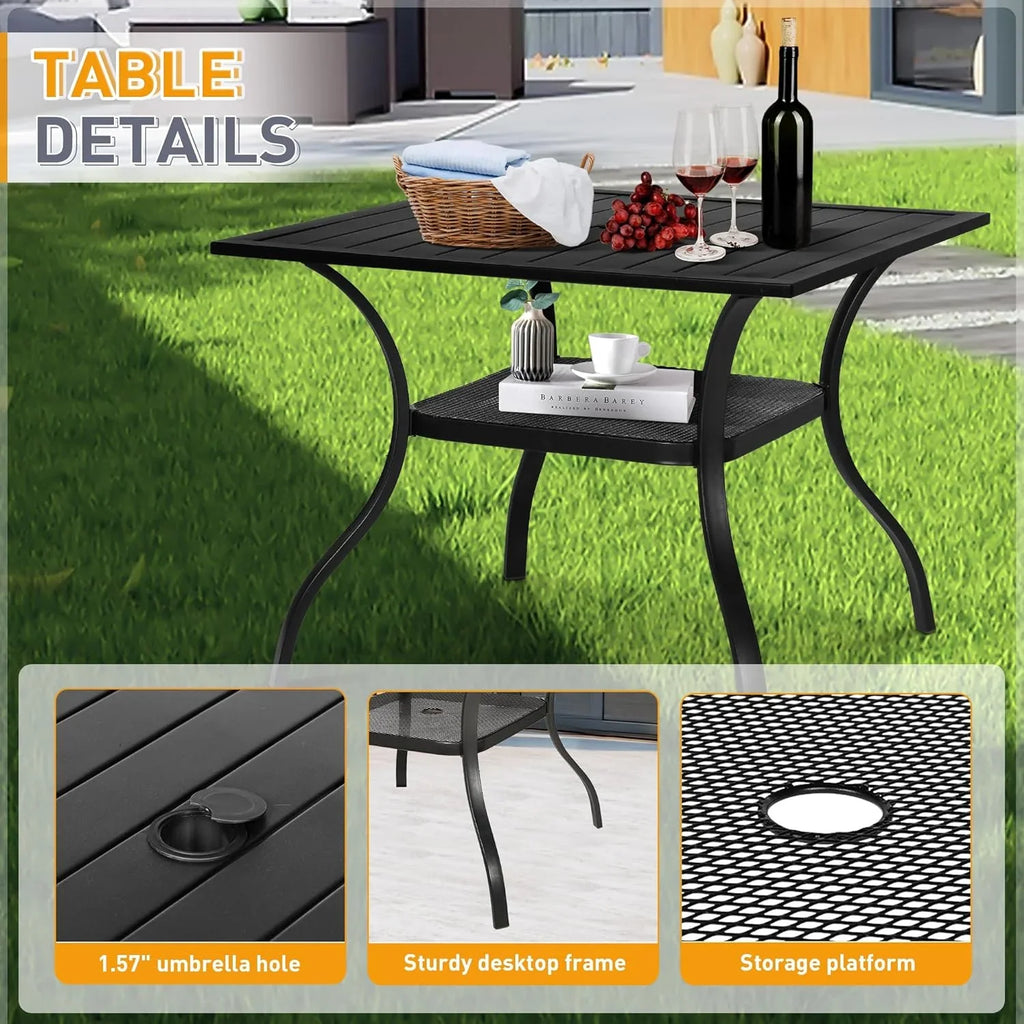 SUNCROWN 5-Piece Outdoor Wrought Iron Chairs and Table Patio Dining Furniture Set - 4 Stackable Metal Chairs, 1 Steel Slat Bistro Table and 1 Sky Blue 9Ft Patio Umbrella for Garden Backyard Deck