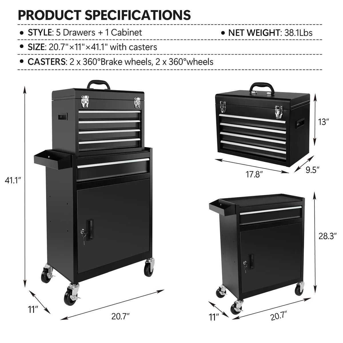 5-Drawer Rolling Tool Box, 2-IN-1 Hidden Multifunctional Tool Chest, Blue Tool Box on Wheels Storage Tool Organizer Cart, Hooks, Classification Box, Liner