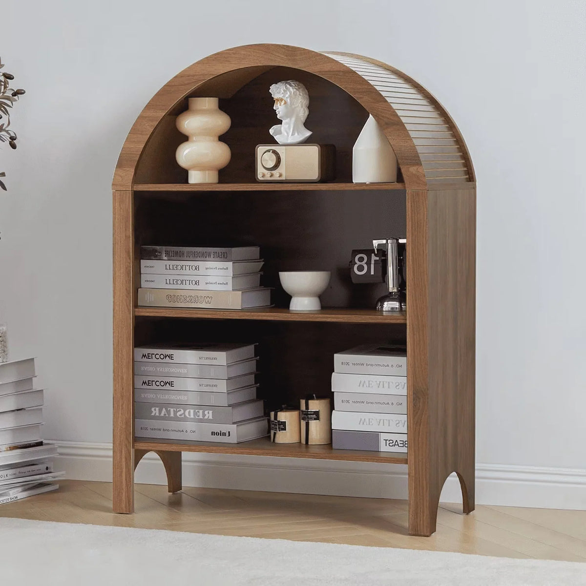 LEFHDA Small Kids Arched Bookshelf, Modern 3-Tier Open Bookshelf, Wood Freestanding Arched Bookcase with Adjustable Shelves, Covered Rounded Top Display Cabinet (Walnut)