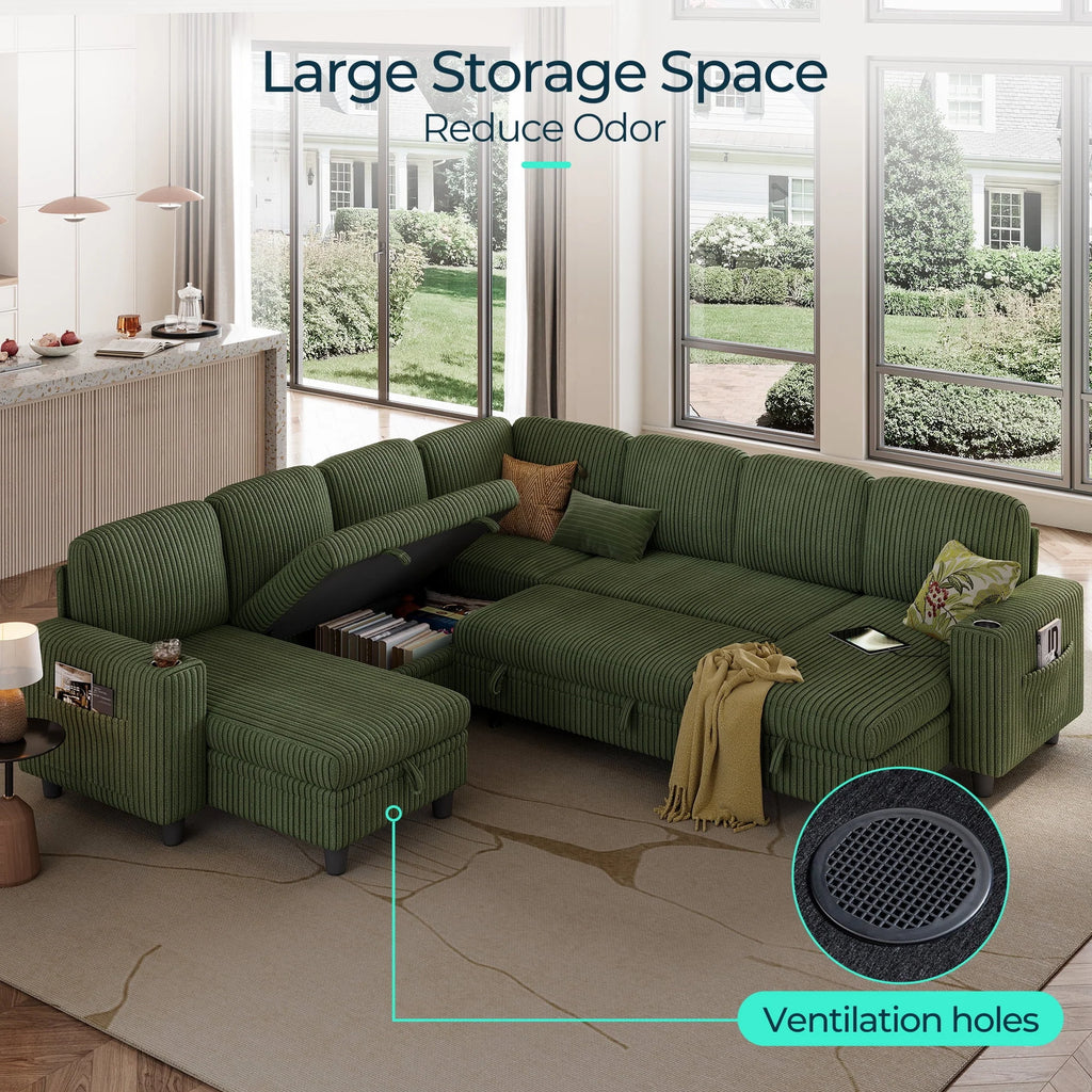 Linsy Home Storage Sectional Sleeper Sofa with Pull Out Bed, 9 Seat Modular Sectional Sofa with with USB & Cup Holder, Plush Corduroy Sectional Couches for Living Room, Green