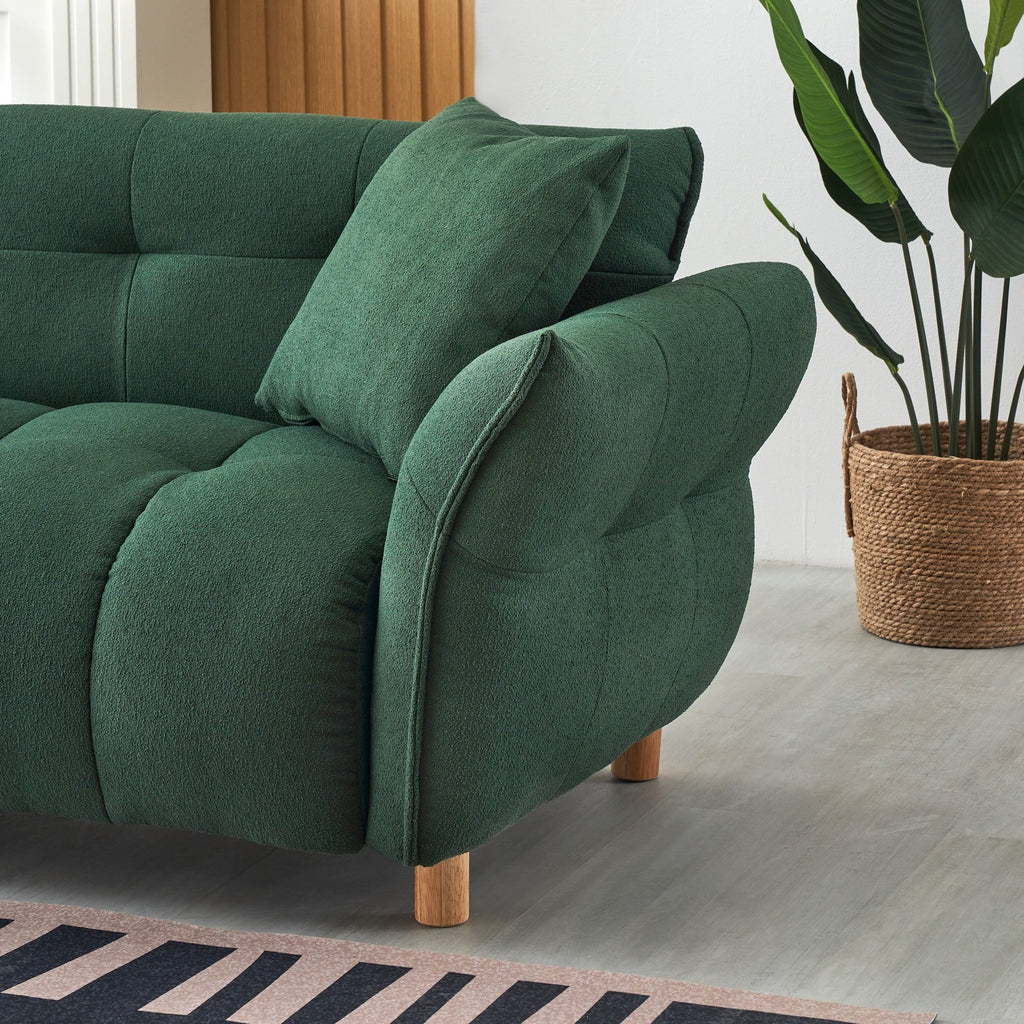93" Sofa Couch for Living Room,Teddy Upholstered Sofa,3 Seater Couch with 2 Pillows for Apartment,Bedroom,Office,Green