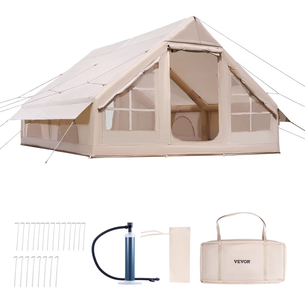 VEVOR Inflatable Tents for Camping, 5-8 Person Easy Setup Blow up Tent with Hand Pump, 300D Oxford Glamping Tent with Stove Jack 2 Doors & 4 Mesh Windows, Storage Bag Included for Easy Taking