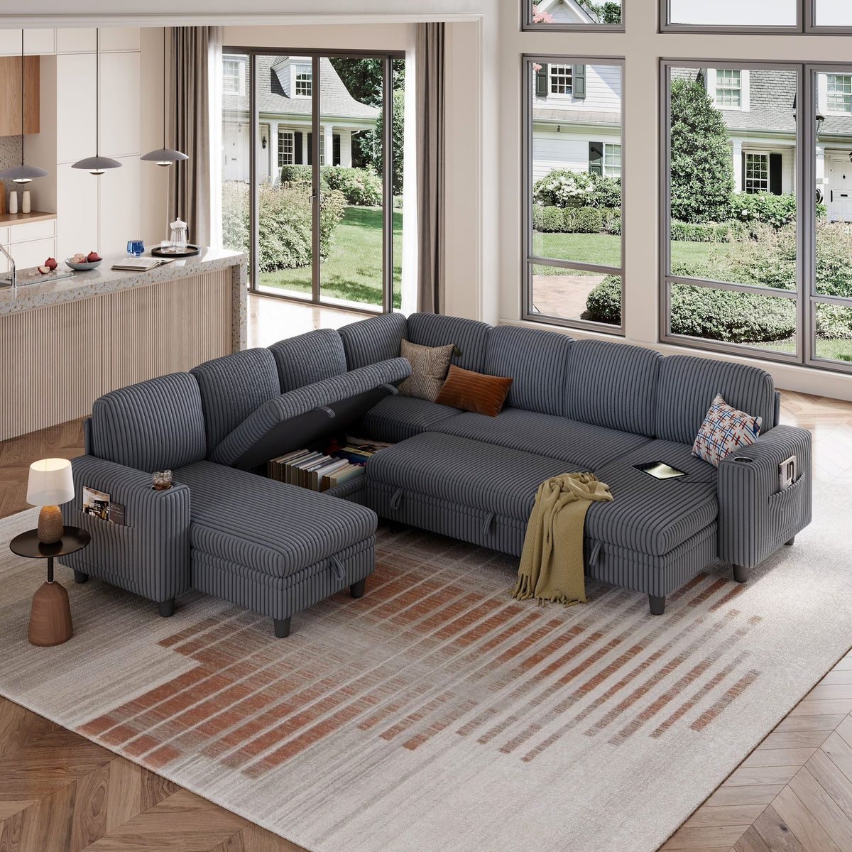 Linsy Home Storage Sectional Sleeper Sofa with Pull Out Bed, 9 Seat Modular Sectional Sofa with with USB & Cup Holder, Plush Corduroy Sectional Couches for Living Room, Green